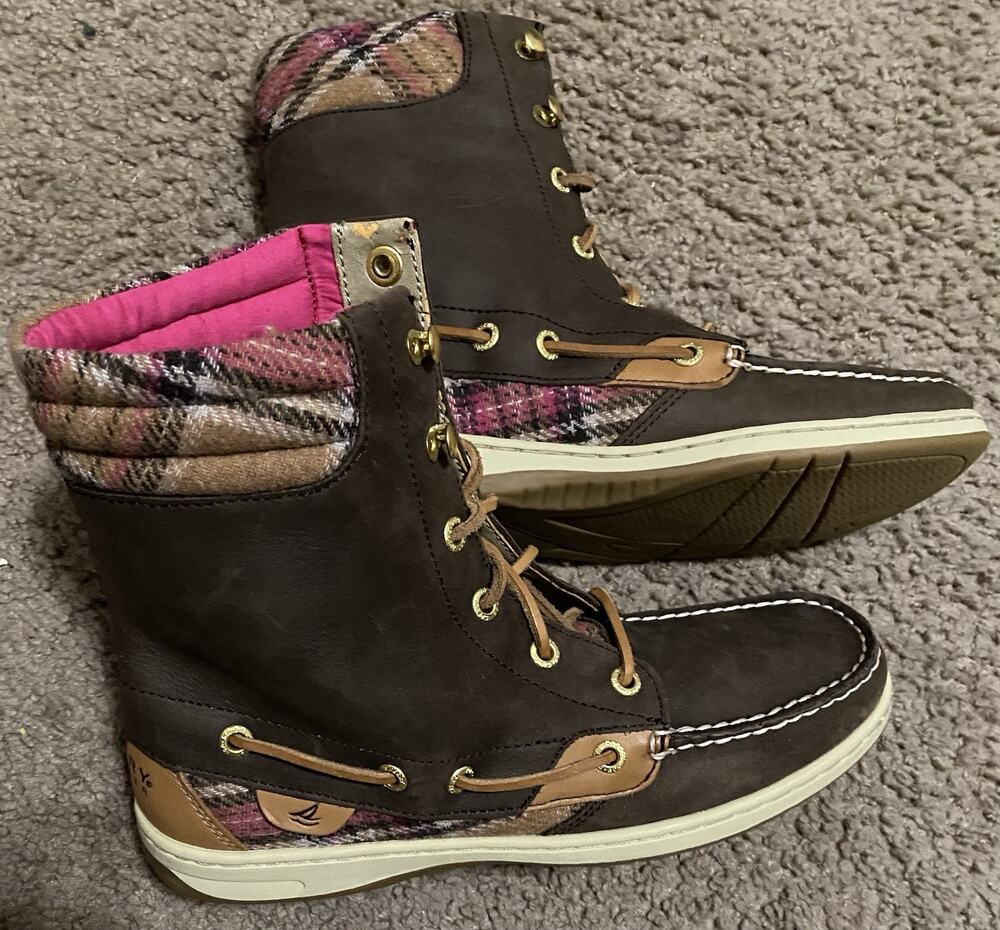 Sperry Top Sider Size 7.5 Brown Lace Up Boat Shoe Style Boots With Plaid Trim